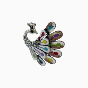 Vintage Peacock Ring Adjustable Bird Metallic Enamel Colorful Statement Jewelry